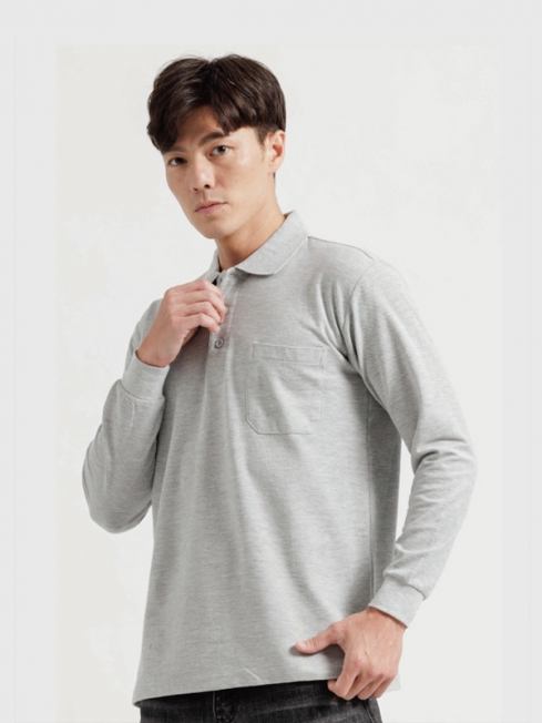 麻花純棉網眼長袖POLO衫(麻灰色) 工作服作品